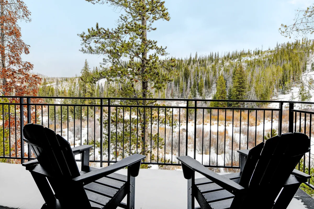 An inviting outdoor scene with two black Adirondack chairs facing a dense green forest and mountains beyond, with traces of snow on the ground. The mood is tranquil and perfect for relaxing, reading, or stargazing, capturing the serene forest views guests can enjoy from their private patio or shared firepit area.