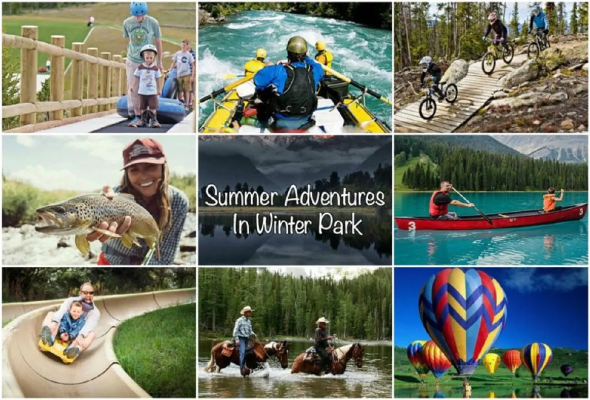 A lively composition featuring families and children enjoying summer activities: rafting, biking, fishing, kayaking, horseback riding, and tubing. Hot air balloons float above, adding a sense of whimsy and adventure. The scene is joyful, colorful, and action-packed, echoing the program's summer offerings.